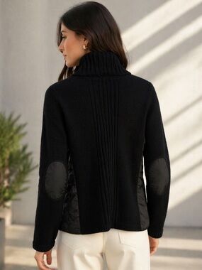 Eileen Fisher Merino Wool Jacket Black Ribbed Elbow Patch Size M Minimalist